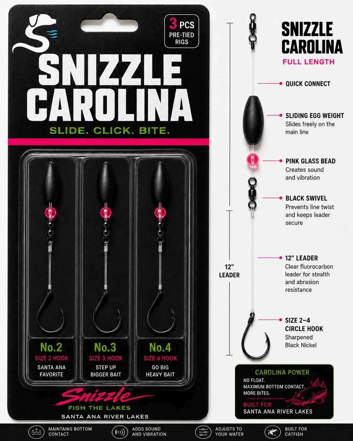Snizzle Carolina concept packaging with three pre-tied rigs