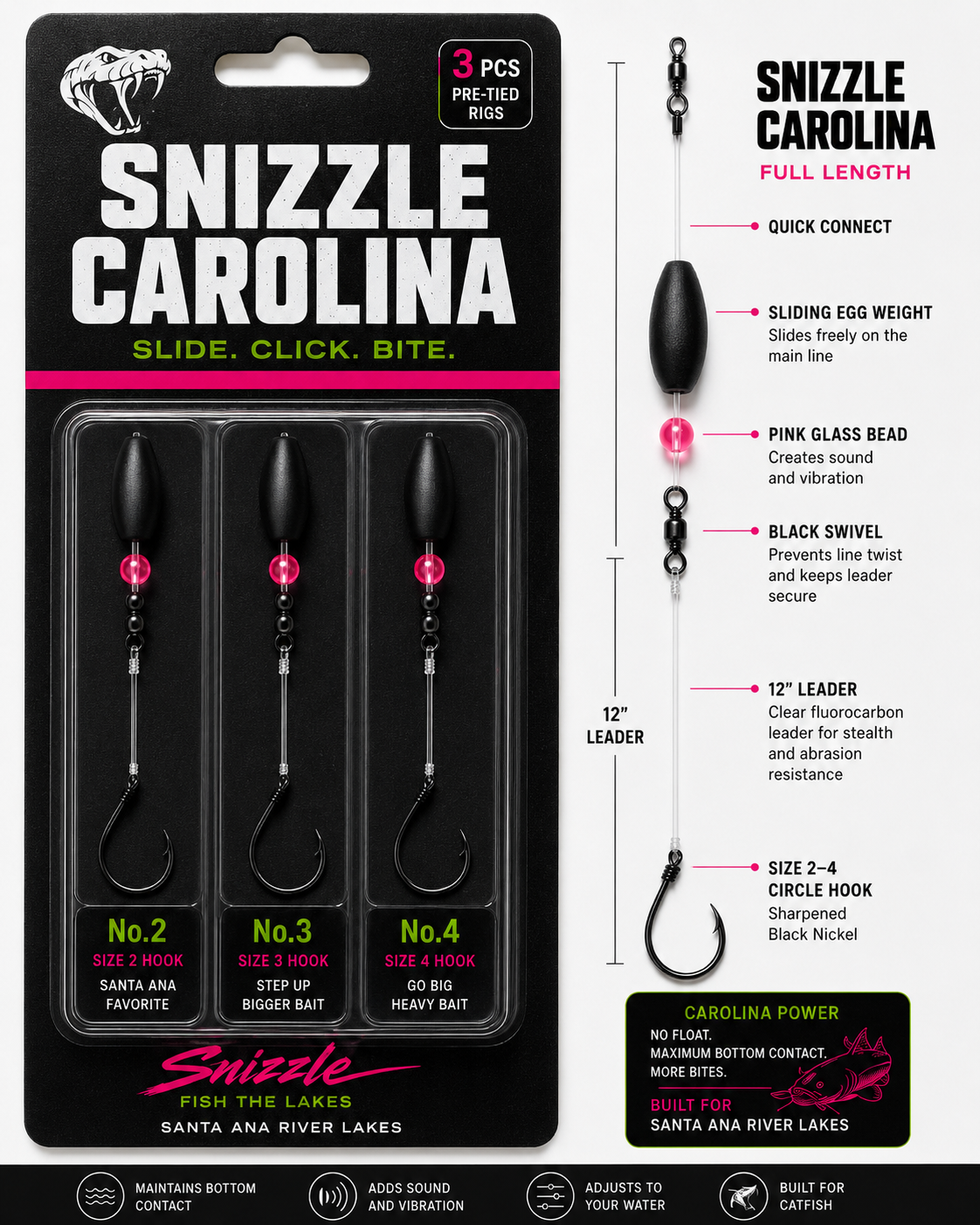 Snizzle Carolina pre-tied rig package with sliding egg weight, bead, swivel, leader, and hook callouts